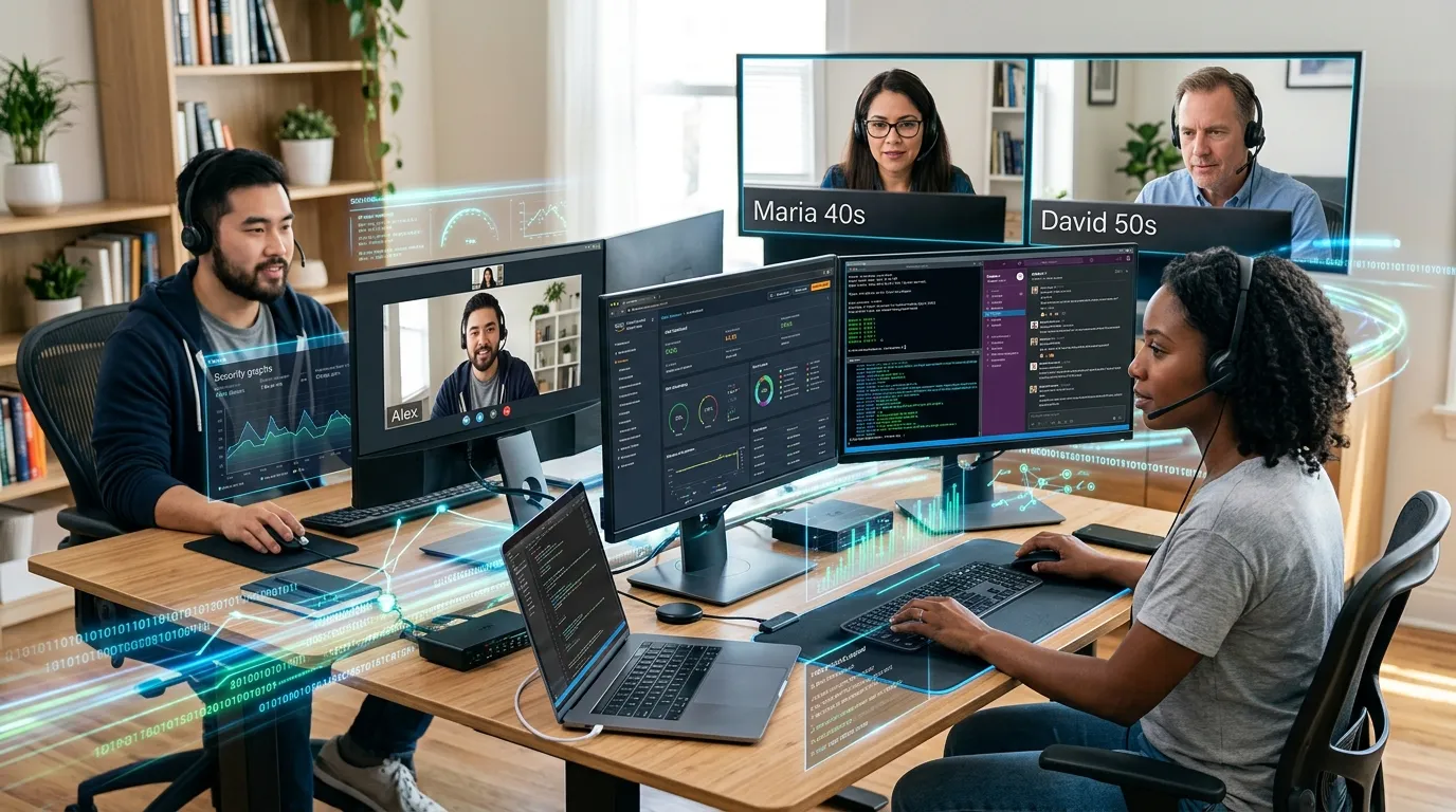 Modern, dynamic hero image showing a diverse team of remote IT support professionals working collabo... Modern, dynamic hero image showing a diverse team of remote IT support professionals working collaboratively on multiple monitors in a home office setting, with glowing data streams and network visualization overlays. Professional, tech-forward mood.
