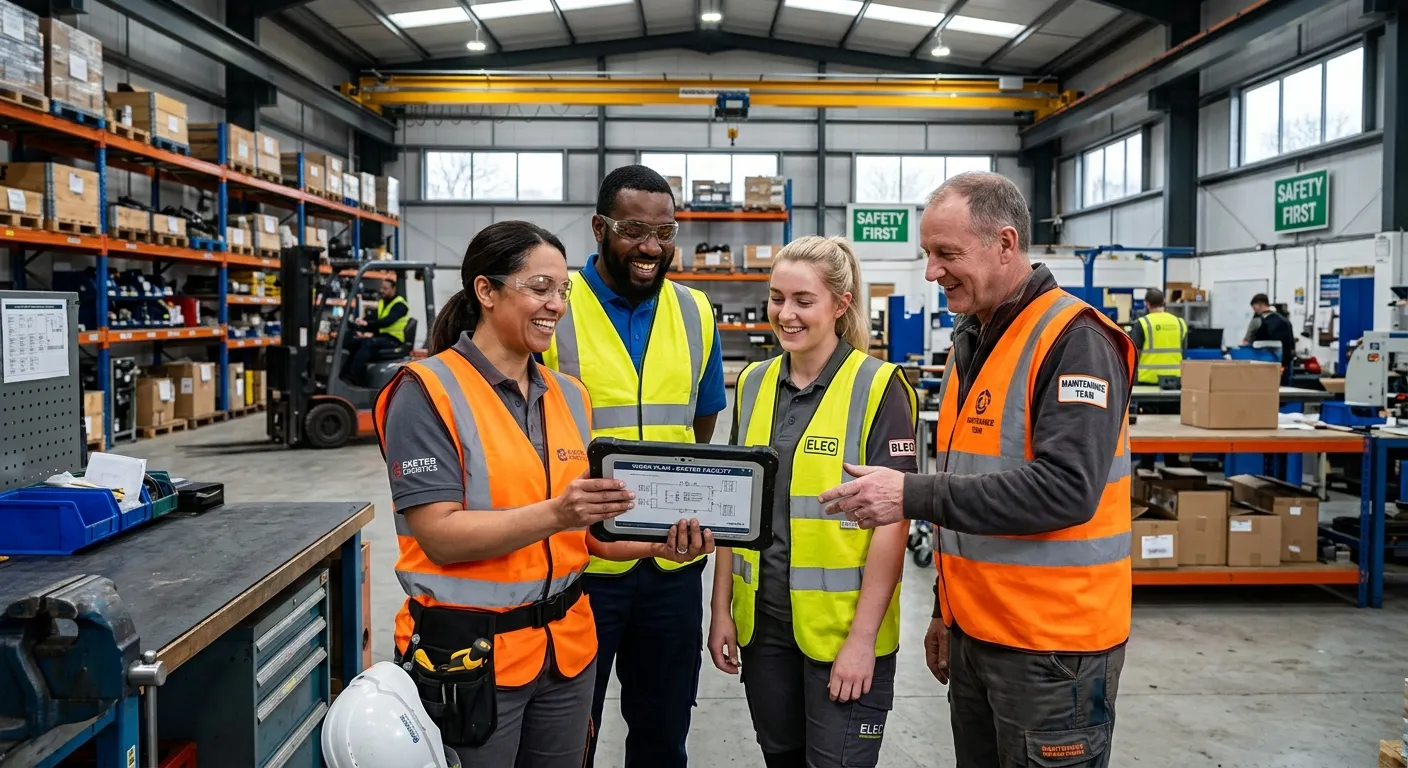 A mid-shot of a diverse group of maintenance technicians in high-visibility vests, smiling and discu... A mid-shot of a diverse group of maintenance technicians in high-visibility vests, smiling and discussing a work plan in a modern industrial warehouse in Exeter, showcasing a positive team environment.