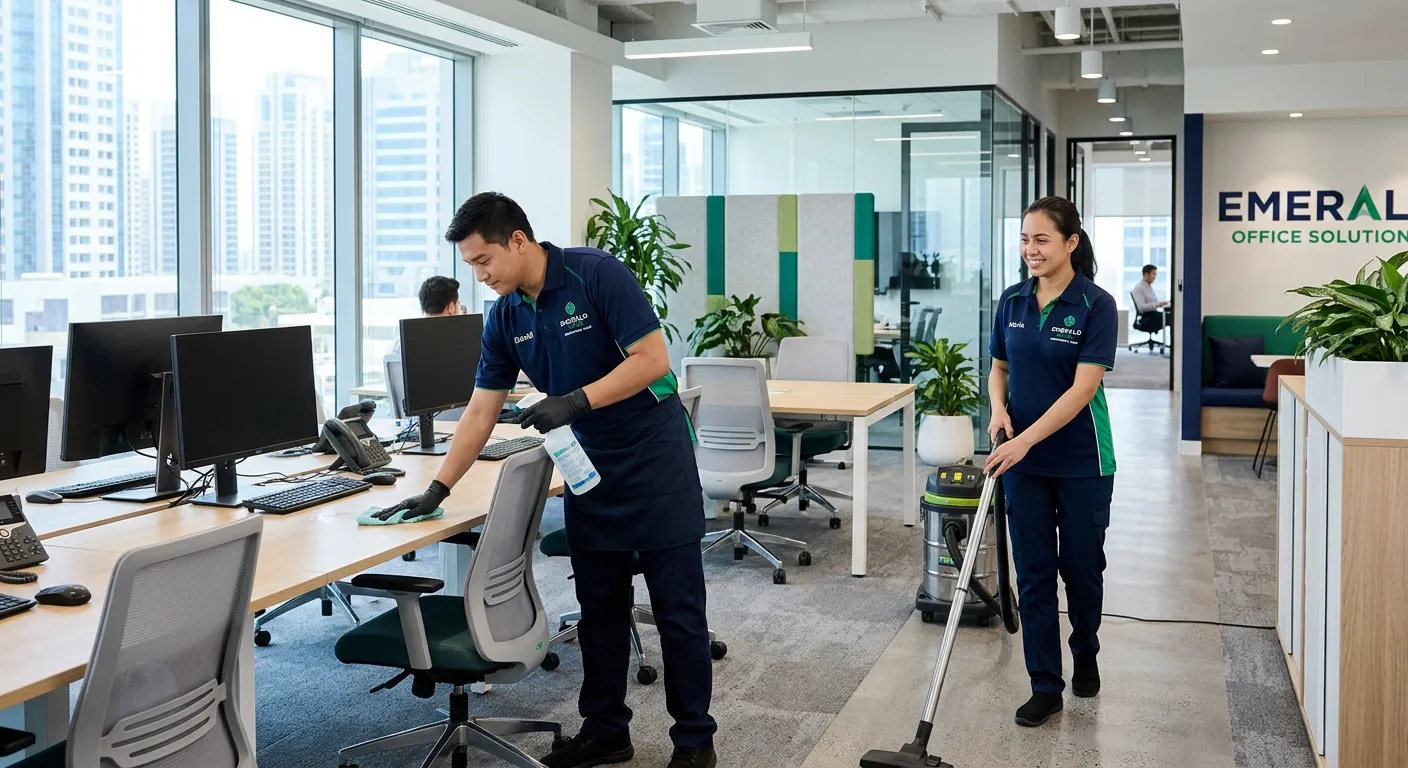 A bright, modern office cleaning scene with professional housekeeping staff in uniform, high contrast emerald and navy branding, clean surfaces, welcoming corporate mood