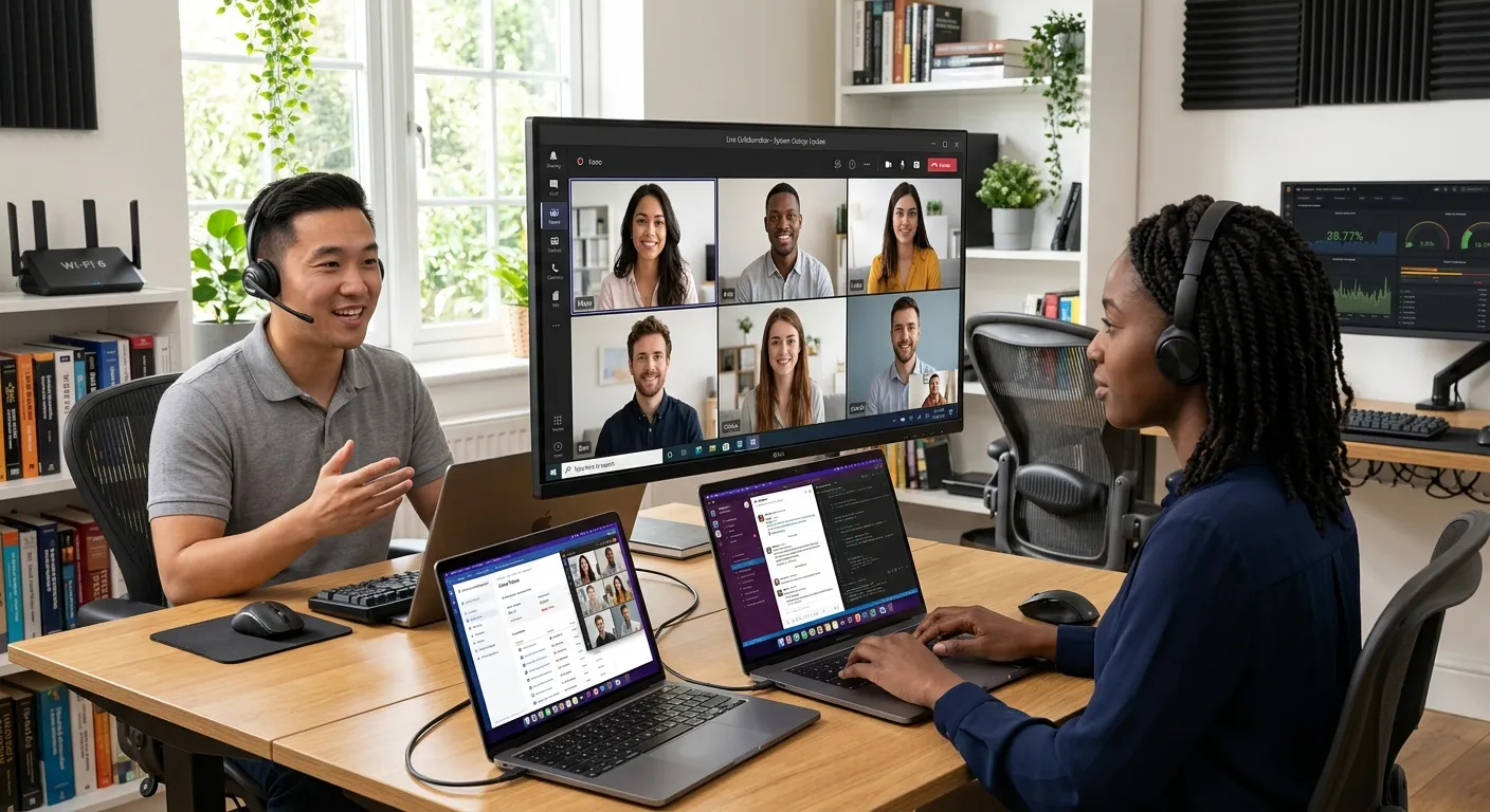 A modern, diverse team of IT support professionals working remotely on laptops in a home office setting, showing collaboration via video call on a large monitor. Style: professional, bright, and tech-focused.