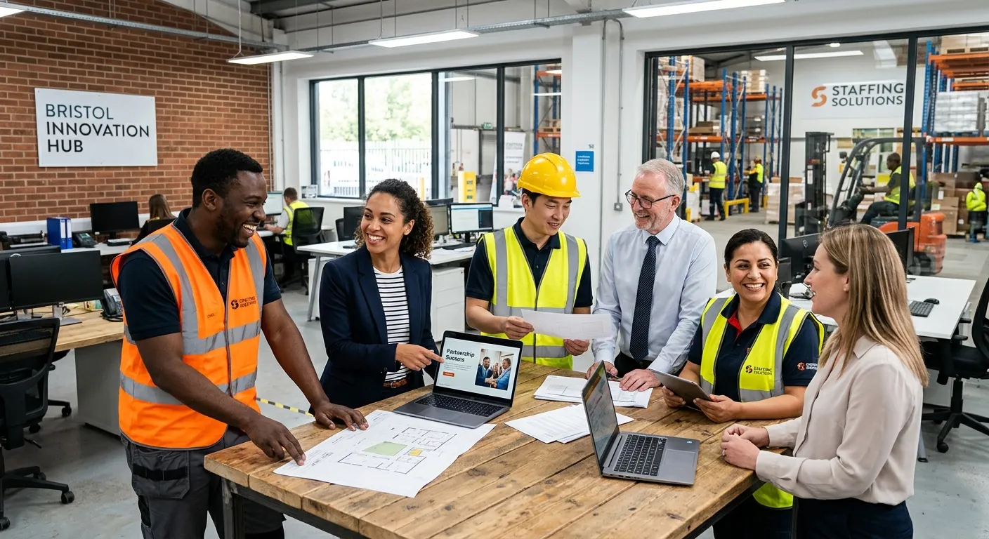 A dynamic, professional photo of a diverse group of workers in high-visibility vests and business attire, smiling and collaborating in a modern Bristol office/warehouse setting, symbolizing a successful staffing partnership.