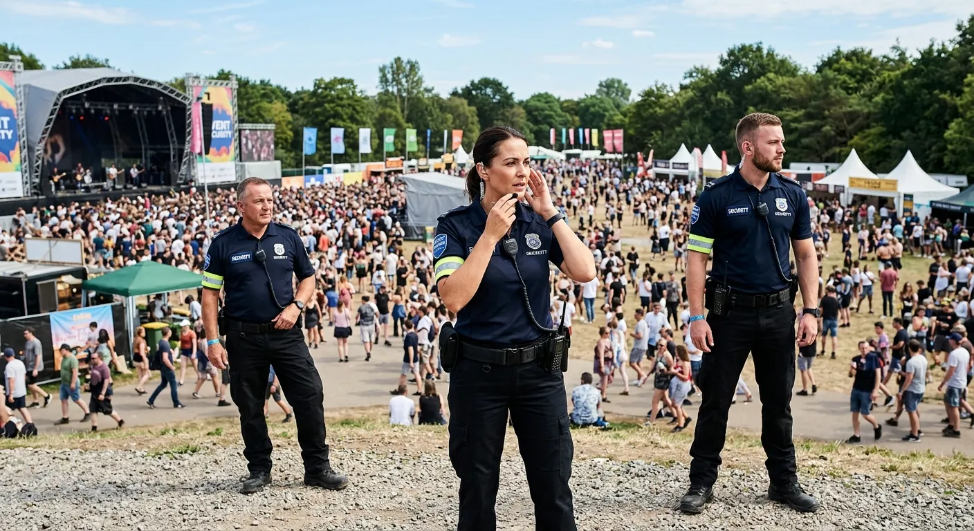 A professional, high-angle shot of a team of uniformed security personnel at a large outdoor event,... A professional, high-angle shot of a team of uniformed security personnel at a large outdoor event, communicating via earpiece, with a clean, confident, and vigilant mood.