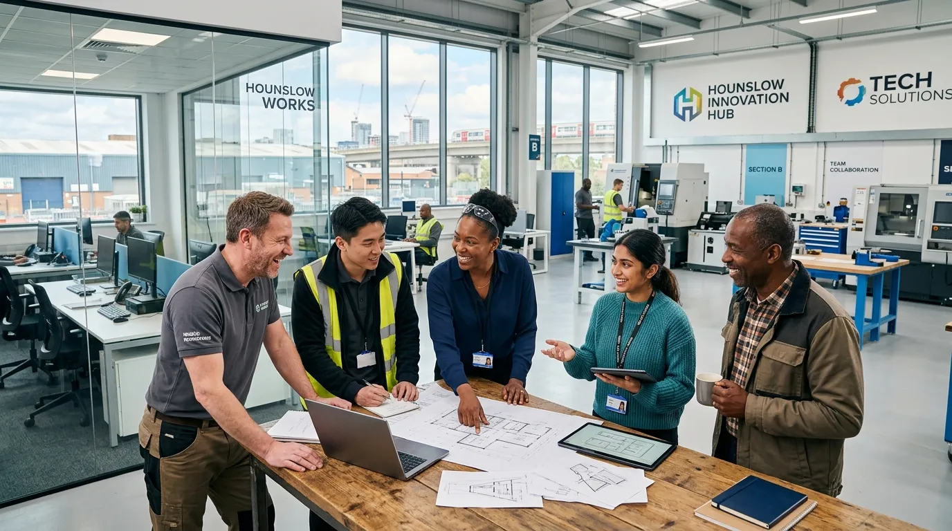 A dynamic, professional hero image showing a diverse team of workers in a modern Hounslow industrial... A dynamic, professional hero image showing a diverse team of workers in a modern Hounslow industrial or office setting, collaborating confidently. Style: Bright, sharp, and aspirational with a focus on human connection and productivity.