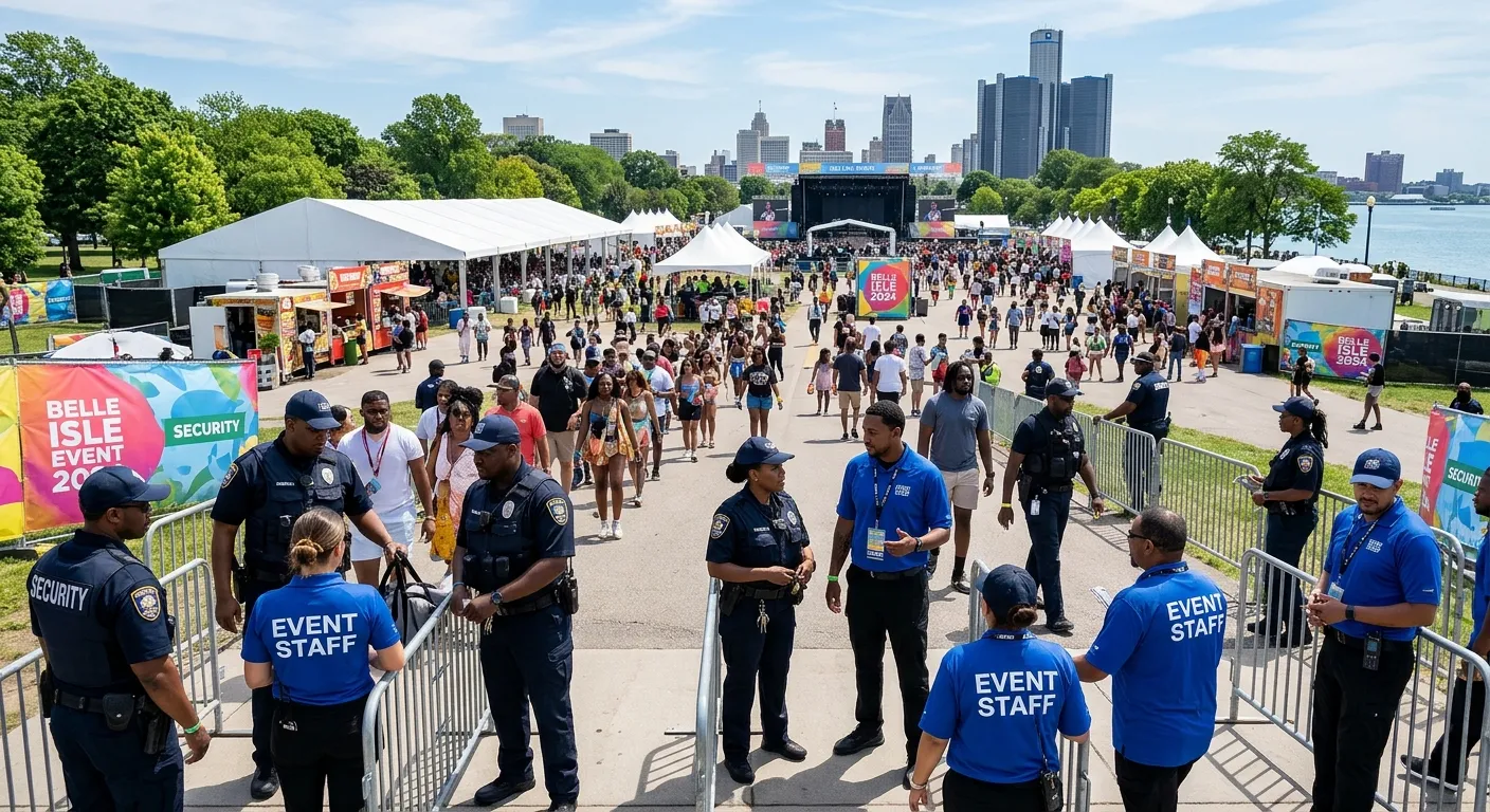 A professional, high-angle shot of a large, well-organized event venue in Belle Isle, showcasing a diverse team of security personnel and event staff in uniform working seamlessly together. The mood is dynamic, trustworthy, and efficient.