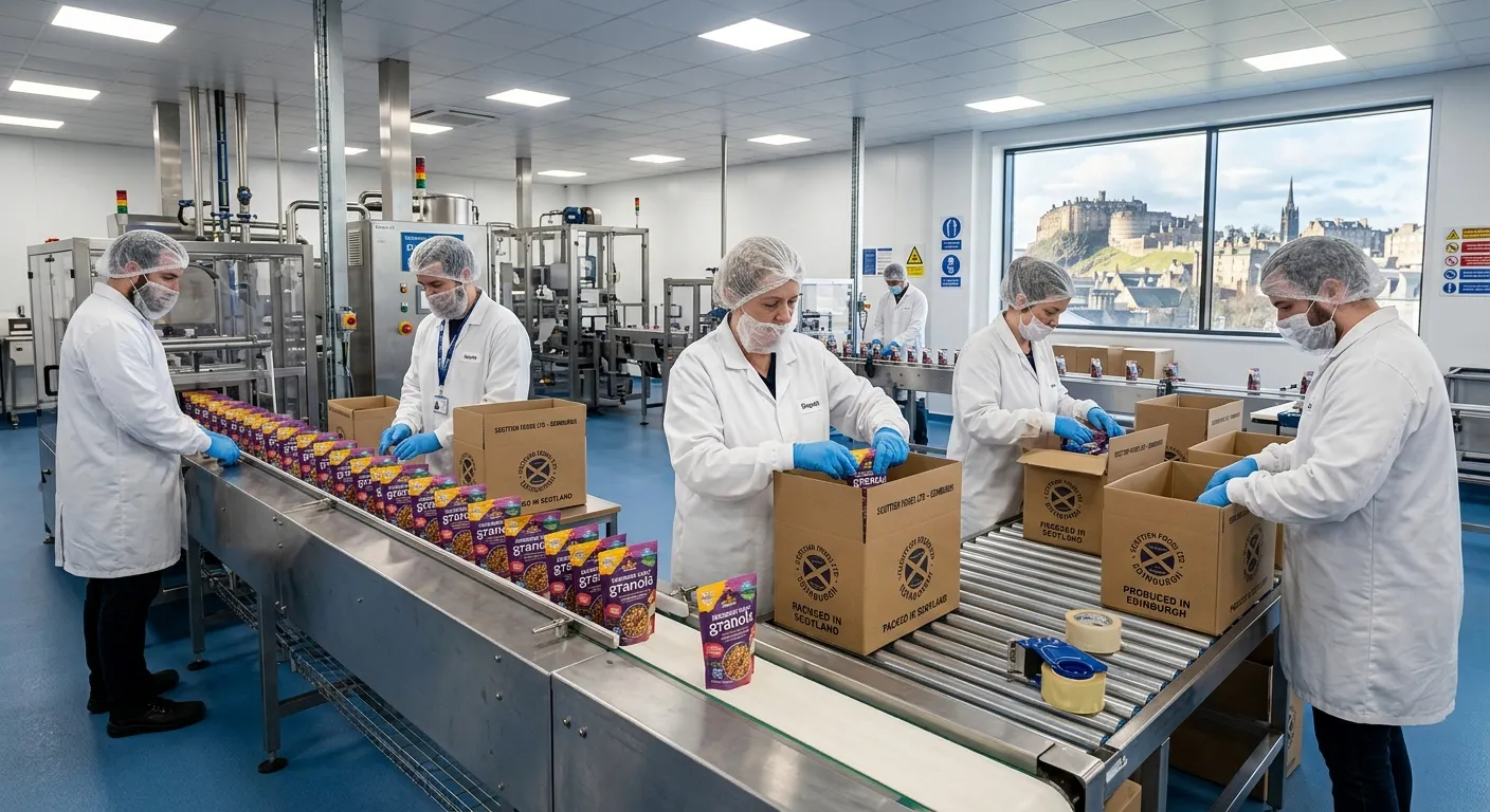 A modern, clean food production line in Edinburgh with operatives in white hygiene coats and hairnet... A modern, clean food production line in Edinburgh with operatives in white hygiene coats and hairnets packing goods into boxes.