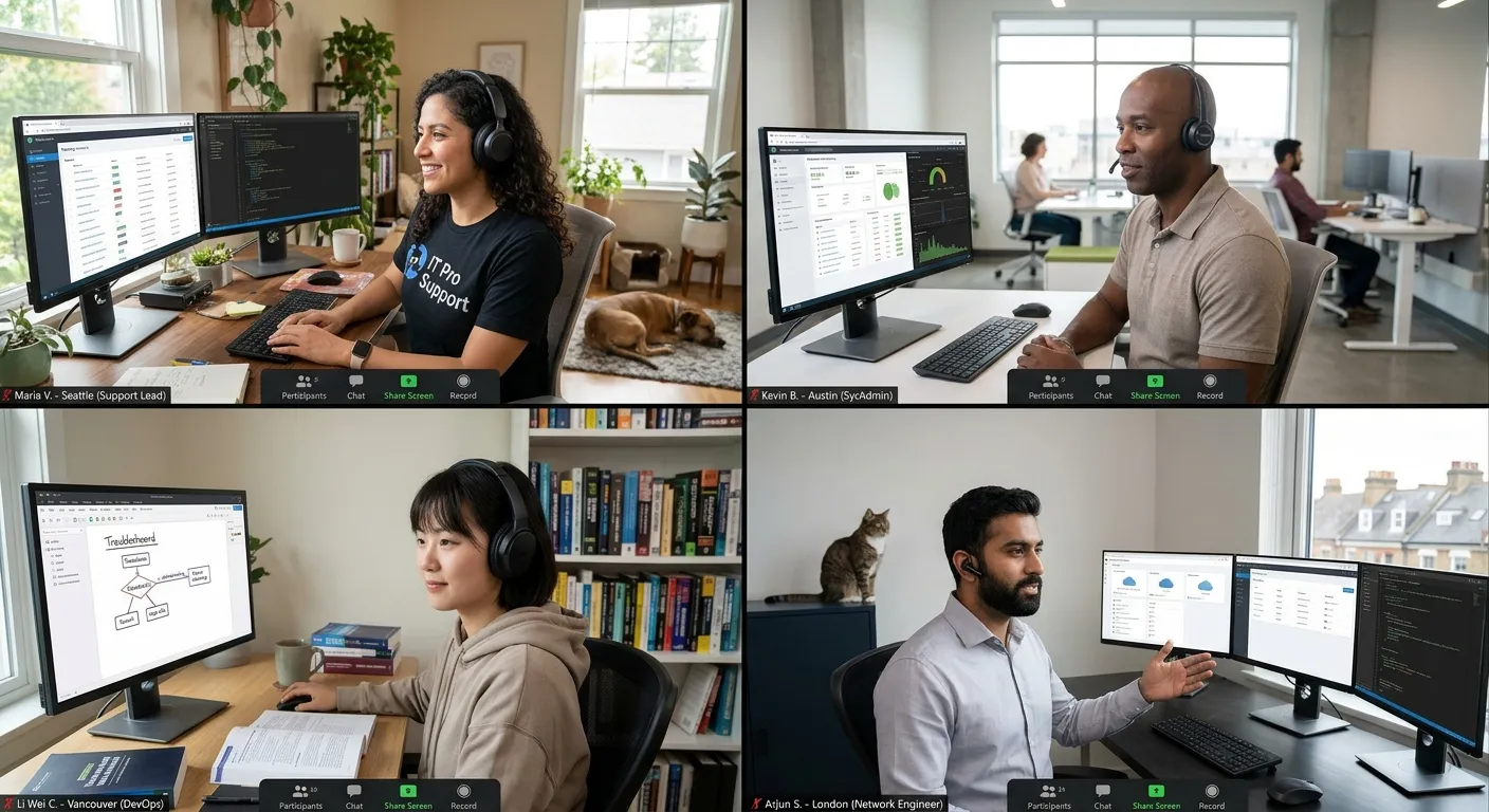 A modern, diverse team of IT support professionals working remotely from home offices and co-working spaces. Style: Professional, bright, and connected. Mood: Collaborative, efficient, and technologically advanced.
