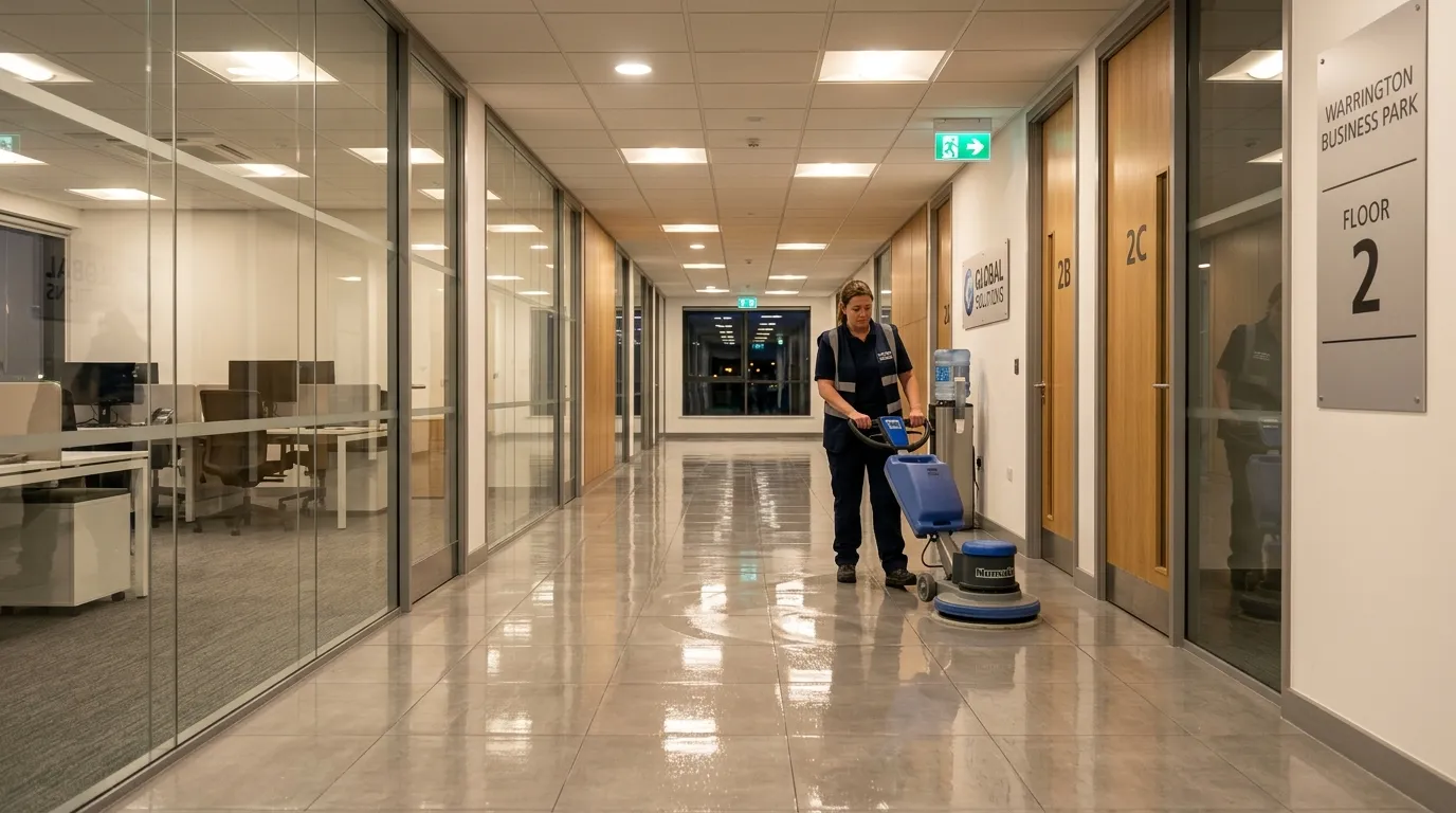 A wide-angle photo of a modern, well-lit office corridor in a Warrington business park after hours, with a cleaner polishing the floor with a rotary machine, reflecting the clean, professional environment.