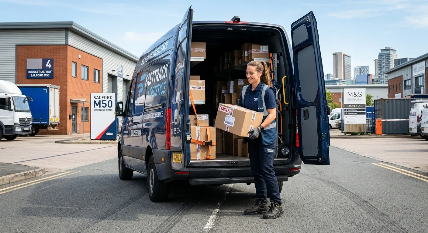 A professional, confident delivery driver in branded uniform, loading packages into a modern van in... A professional, confident delivery driver in branded uniform, loading packages into a modern van in a Salford M50 industrial estate setting. Bright, clear day, professional and trustworthy vibe.