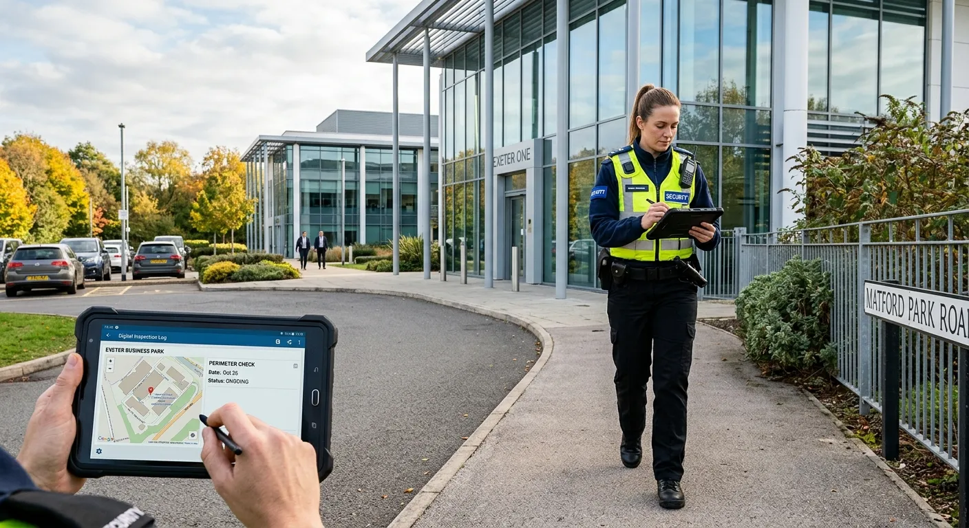 A professional security officer in uniform conducting a morning perimeter check outside a modern off... A professional security officer in uniform conducting a morning perimeter check outside a modern office building in Exeter, using a tablet to log findings.