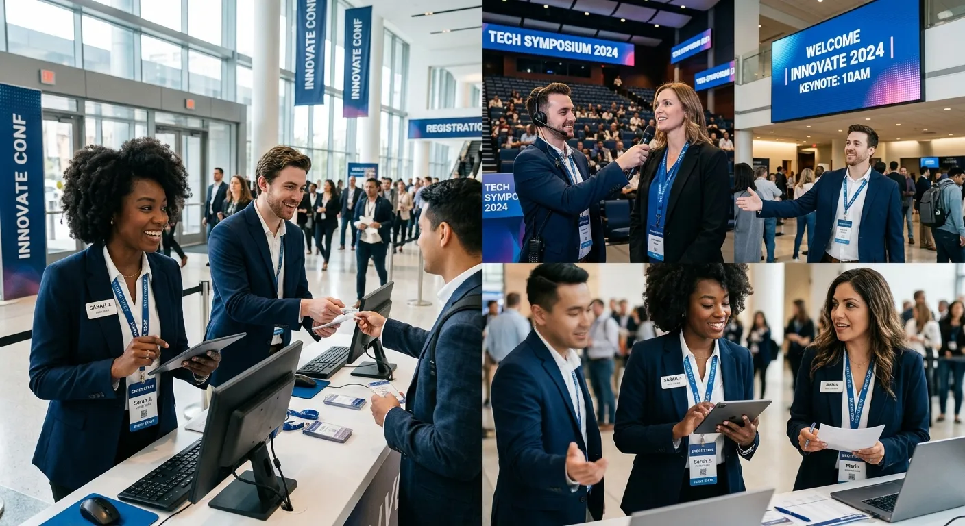 A dynamic, high-energy shot of professional event staff in action at a large conference, showcasing... A dynamic, high-energy shot of professional event staff in action at a large conference, showcasing a diverse team of hosts, registration desk personnel, and tech assistants in a modern venue, with a focus on professionalism and engagement. Mood: Professional, Energetic, Reliable.