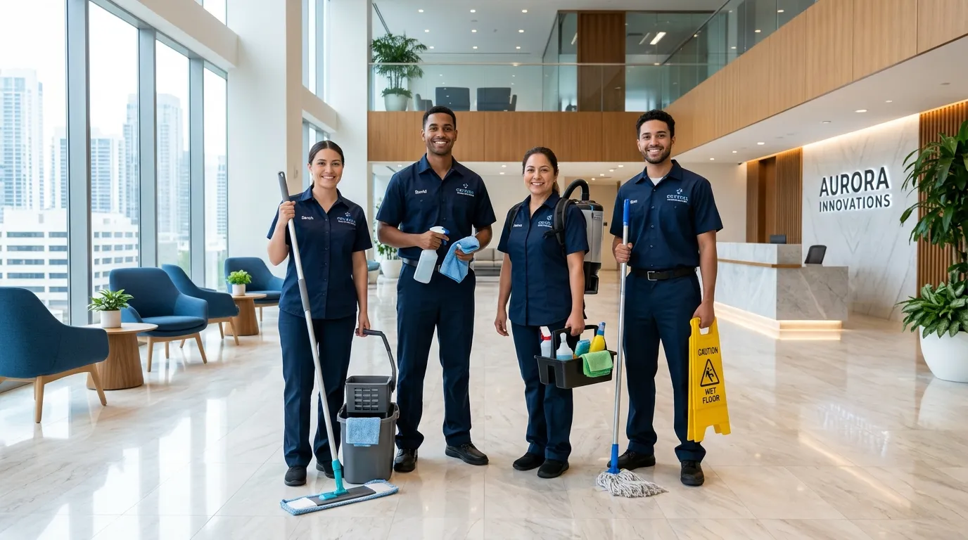 Professional hero image showing a team of cleaners in uniform, smiling and equipped, in a spotless modern office lobby. Bright, clean, and trustworthy mood.