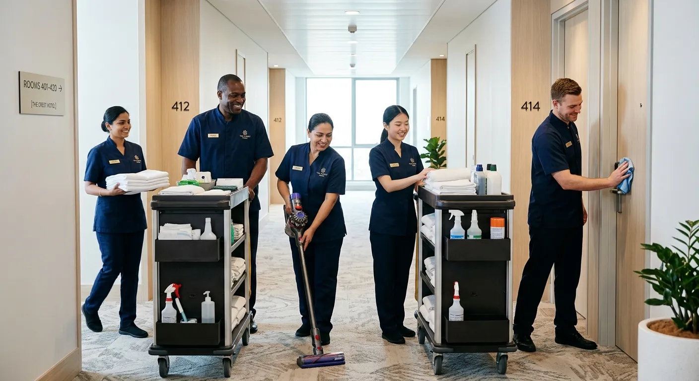 Professional hero image of a diverse team of housekeeping staff in crisp uniforms, smiling and worki... Professional hero image of a diverse team of housekeeping staff in crisp uniforms, smiling and working efficiently in a modern, clean hotel corridor. Style: Bright, high-resolution, professional corporate photography. Mood: Trustworthy, efficient, and premium.