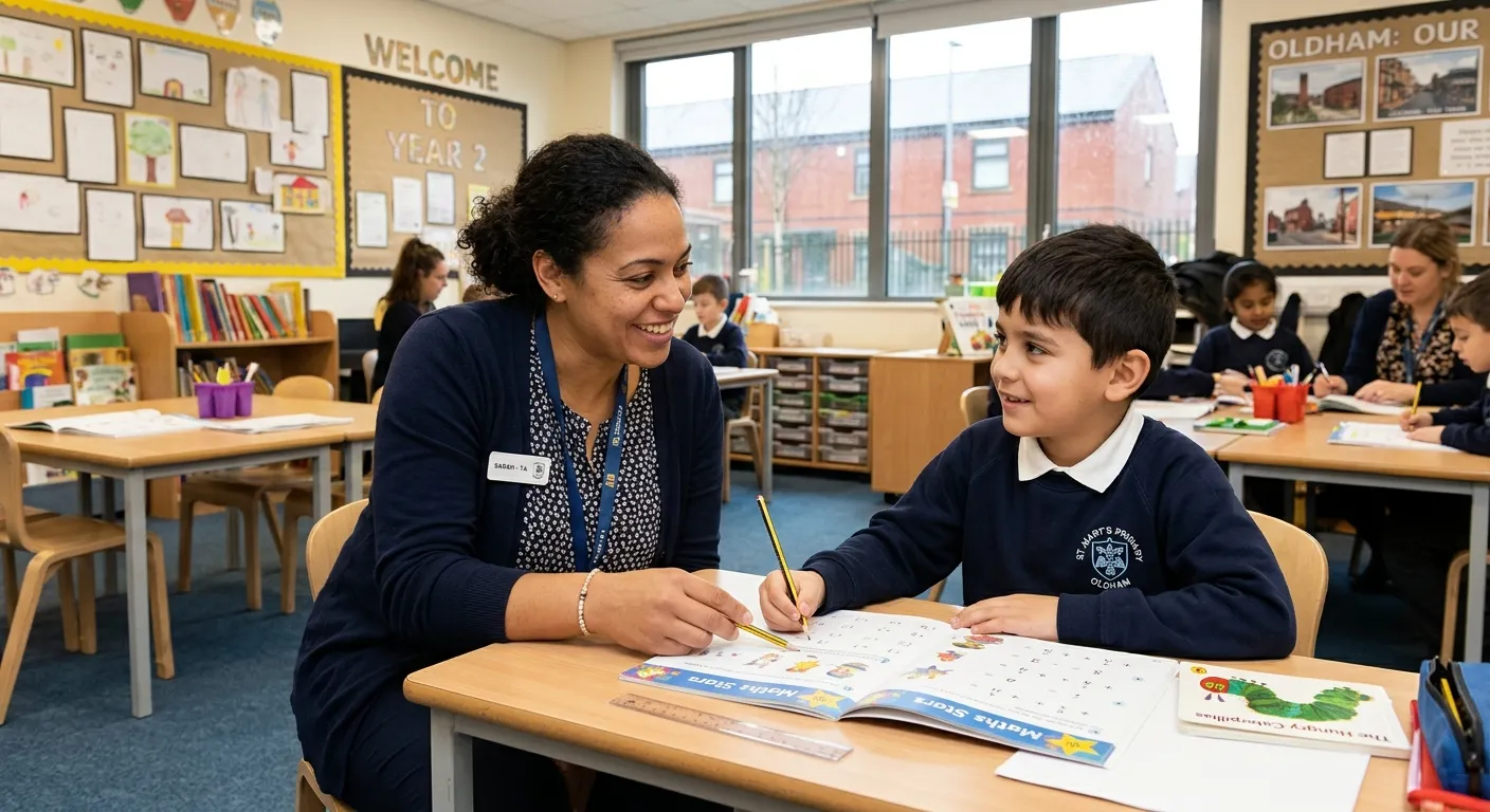Professional photograph of a friendly teaching assistant supporting a primary school pupil at a desk in a bright Oldham classroom, warm natural light, inclusive and calm atmosphere, realistic style