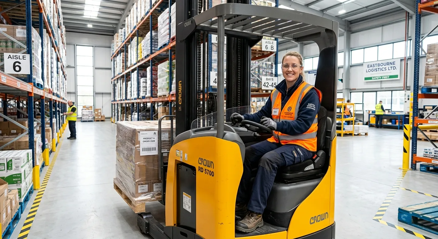 A professional, confident forklift driver in a modern, clean warehouse in Eastbourne, safely operati... A professional, confident forklift driver in a modern, clean warehouse in Eastbourne, safely operating a reach truck, wearing hi-vis and a smile, conveying competence and immediate availability.