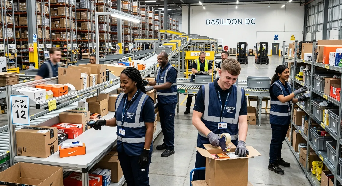 A professional, high-energy photo of a diverse team of Warehouse Operatives and Picker Packers in a... A professional, high-energy photo of a diverse team of Warehouse Operatives and Picker Packers in a modern, organised Basildon warehouse. They are smiling, wearing hi-vis vests, and engaged in picking, packing, and scanning items. The mood is efficient, collaborative, and modern.