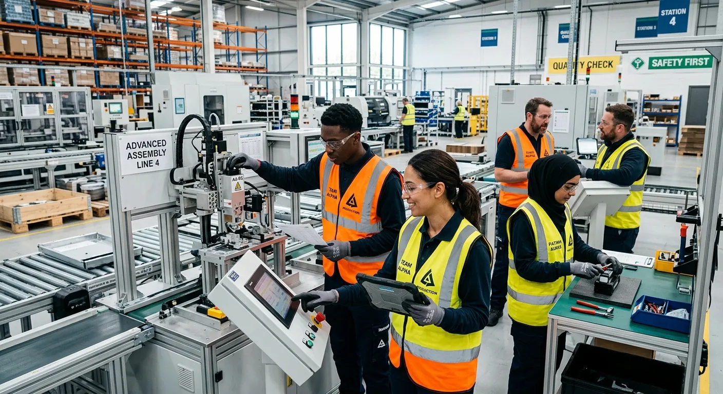 A dynamic, high-energy image of a diverse team of production operatives collaborating efficiently in... A dynamic, high-energy image of a diverse team of production operatives collaborating efficiently in a modern, well-lit warehouse or manufacturing facility. They are focused, wearing hi-visibility vests, and engaged with machinery or quality checks. Style: Modern, professional, action-oriented.