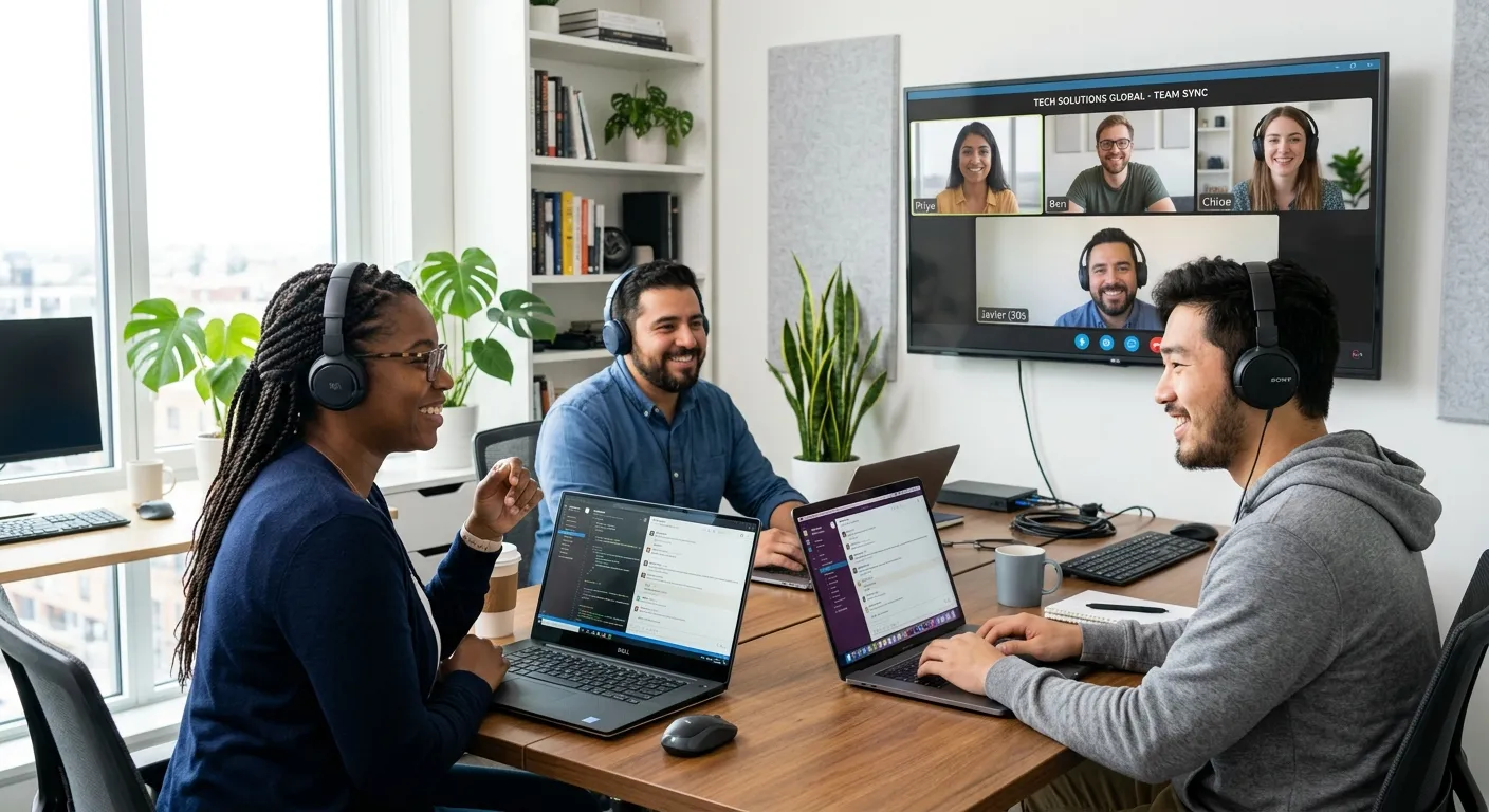 A professional, diverse team of remote IT technicians working on laptops in a modern home office setting, smiling and collaborating via video call on a large monitor. Style: Bright, clean, and professional with a focus on technology.