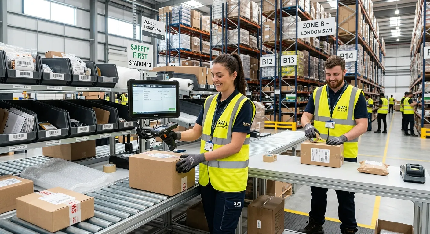 A professional, bright warehouse scene in London SW1 showing two reliable Warehouse Operative / Pick... A professional, bright warehouse scene in London SW1 showing two reliable Warehouse Operative / Picker Packer staff scanning and packing parcels safely, with modern racking, clean floors, and a confident team atmosphere
