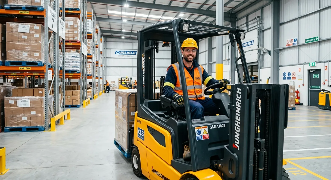 A professional, confident forklift driver operating a counterbalance forklift in a modern, well-orga... A professional, confident forklift driver operating a counterbalance forklift in a modern, well-organised Carlisle warehouse, looking directly at the camera with a slight smile. Focus on safety gear and a clean, efficient environment.