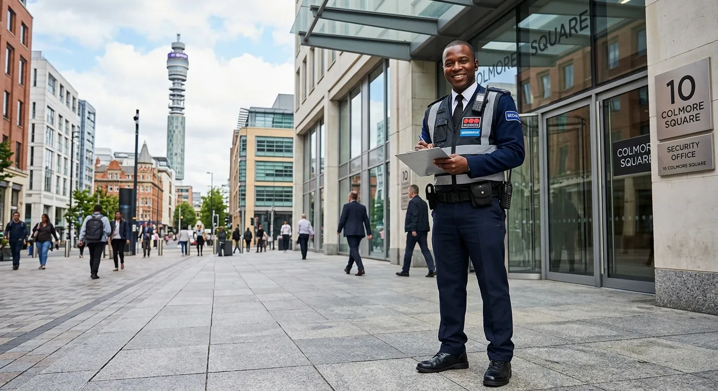 A professional, confident Security Guard in uniform, standing at the entrance of a modern commercial... A professional, confident Security Guard in uniform, standing at the entrance of a modern commercial building in Birmingham city centre, smiling and checking a clipboard. The image should convey trust, vigilance, and professionalism.