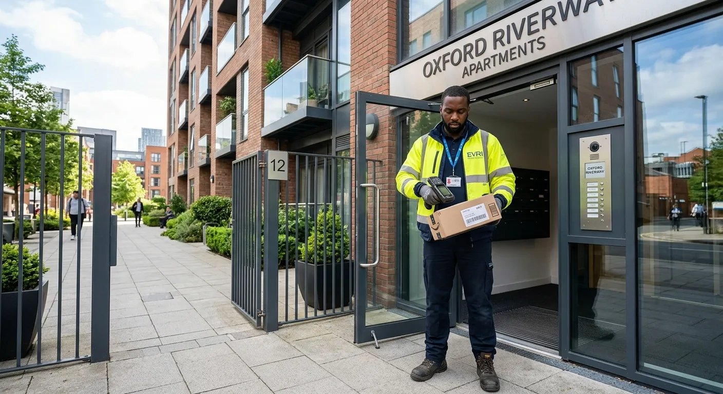 A professional delivery driver in high-vis attire, using a handheld scanner to log a parcel delivery at a modern Manchester apartment complex on a bright morning