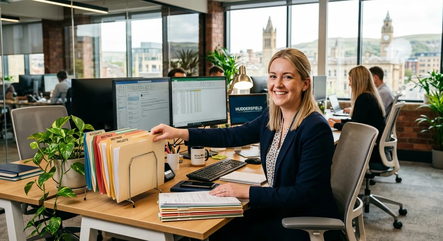 A professional and energetic photo of a friendly Administrative Assistant working at a modern office... A professional and energetic photo of a friendly Administrative Assistant working at a modern office desk in Huddersfield, organising files and smiling at the camera. The mood is organised, welcoming, and efficient.