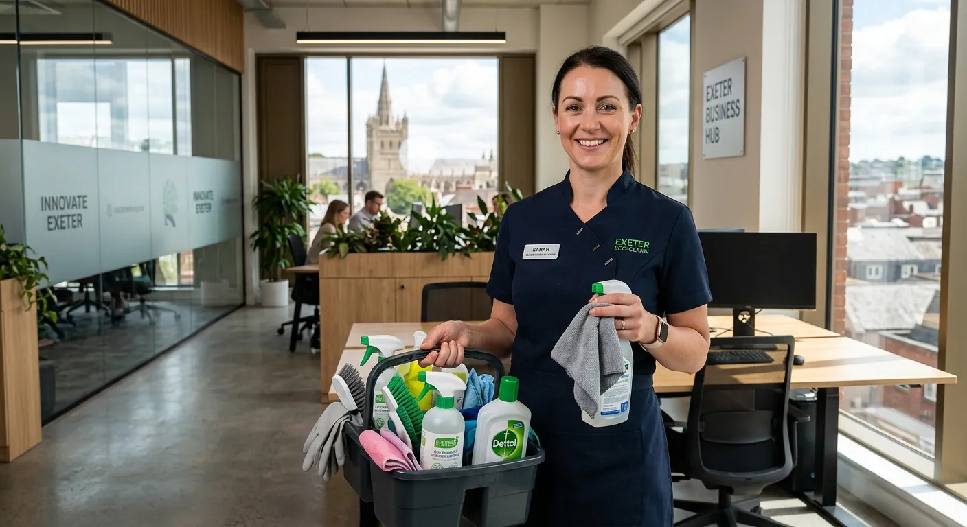 A professional, well-lit image of a smiling cleaner in a modern office environment in Exeter, holding cleaning supplies, looking confident and approachable. Style: Corporate, trustworthy, local.