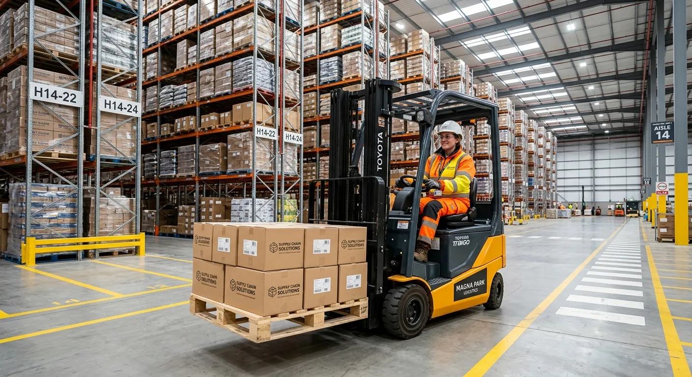 A professional, well-lit image of a certified forklift driver in a high-bay warehouse at Magna Park,... A professional, well-lit image of a certified forklift driver in a high-bay warehouse at Magna Park, safely moving a pallet in a wide aisle, wearing high-visibility clothing and a safety helmet.