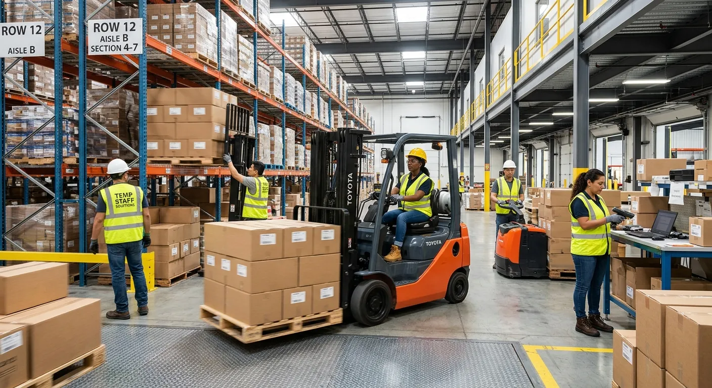 Modern, dynamic warehouse interior with a diverse team of temporary workers efficiently managing inv... Modern, dynamic warehouse interior with a diverse team of temporary workers efficiently managing inventory with forklifts and pallets, conveying speed and reliability