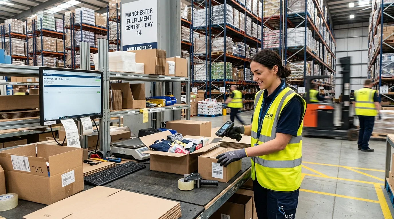 A dynamic, professional hero image of a modern warehouse in Manchester, showing a Warehouse Operativ... A dynamic, professional hero image of a modern warehouse in Manchester, showing a Warehouse Operative in high-visibility clothing efficiently scanning and packing goods on a well-lit, organised packing station. The mood is active, professional, and efficient.