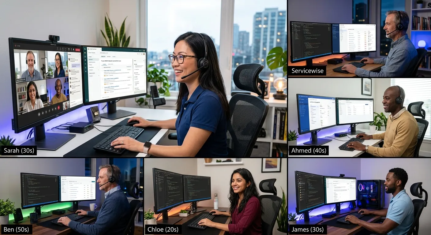 A modern, diverse team of IT support professionals working remotely from home offices, with multiple... A modern, diverse team of IT support professionals working remotely from home offices, with multiple monitors showing help desk ticketing systems and video calls. Style is professional, high-tech, and energetic.