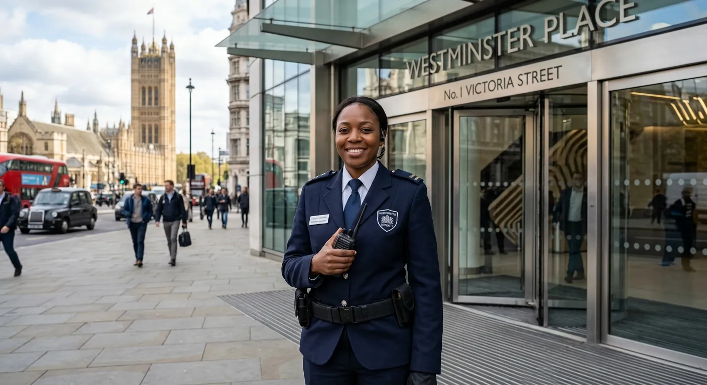 Professional, confident Security Officer in smart uniform standing at the entrance of a modern corporate building in London's Westminster area, smiling and holding a radio, daytime, high-quality professional photo
