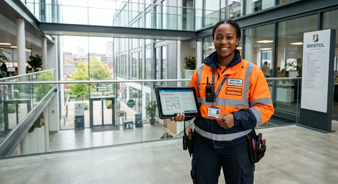 A professional, confident Maintenance Technician in high-visibility gear, holding a tablet and smili... A professional, confident Maintenance Technician in high-visibility gear, holding a tablet and smiling, with a modern commercial building or facility interior in Bristol in the background. Bright, clean, professional style.