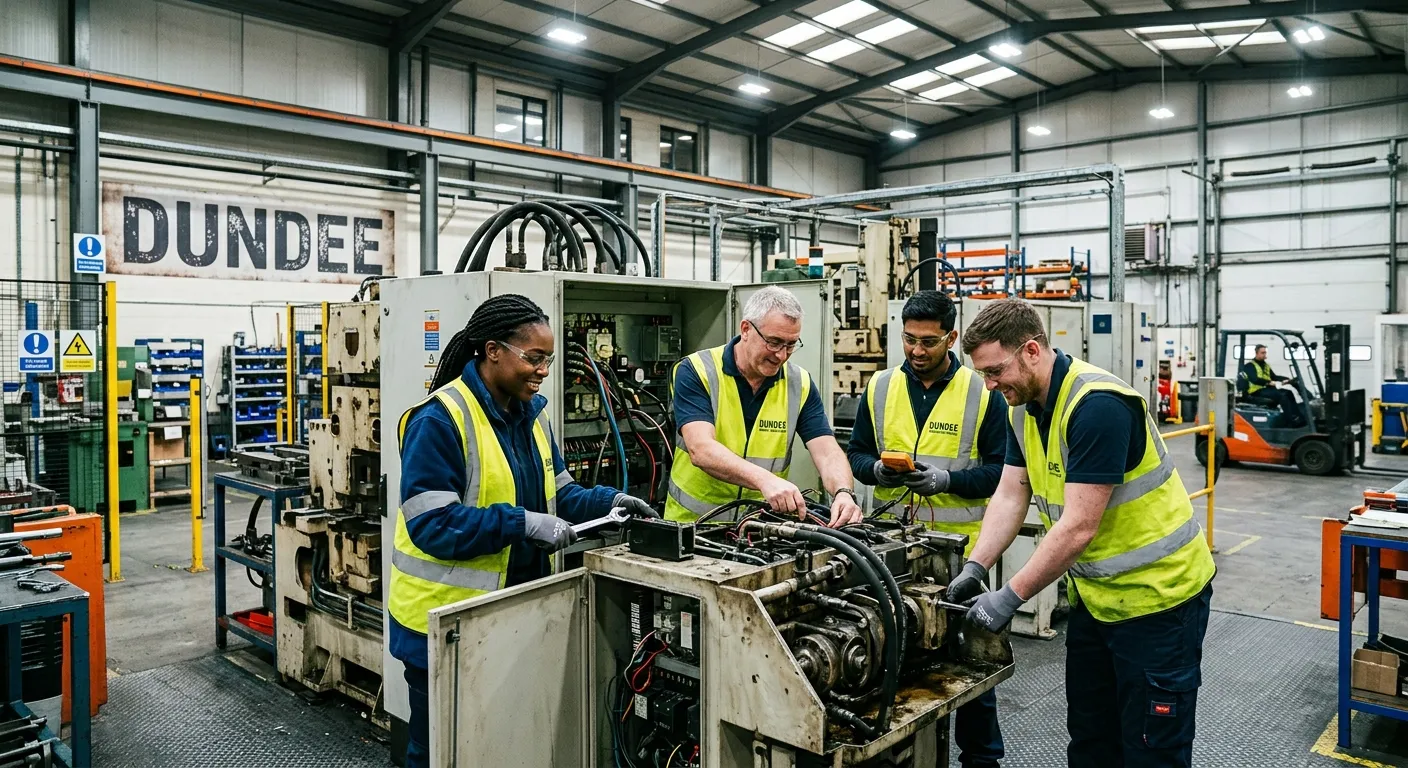 A professional, diverse team of maintenance operatives in high-visibility vests, collaboratively wor... A professional, diverse team of maintenance operatives in high-visibility vests, collaboratively working on industrial equipment in a well-lit Dundee factory or warehouse setting, conveying teamwork and skilled labour.