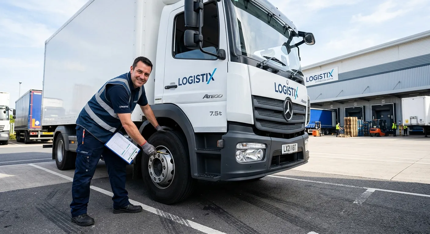 Professional shot of a confident 7.5-tonne truck driver performing a vehicle safety check, with a modern logistics warehouse in the background. Bright, clear, and professional mood.