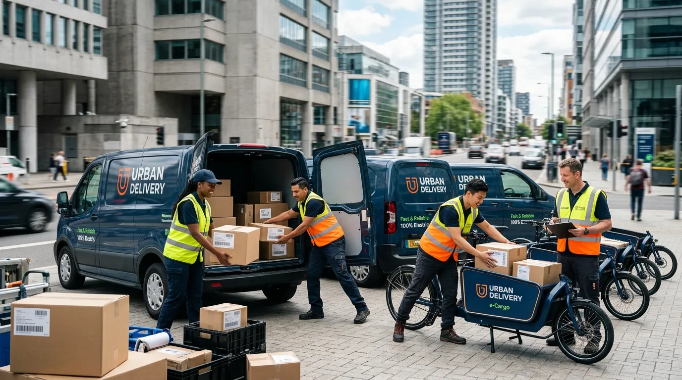A dynamic, modern hero image showing a diverse team of delivery drivers in high-visibility vests, confidently loading packages into a mixed fleet of vans and e-cargo bikes against a blurred urban backdrop, conveying speed, reliability, and scale.