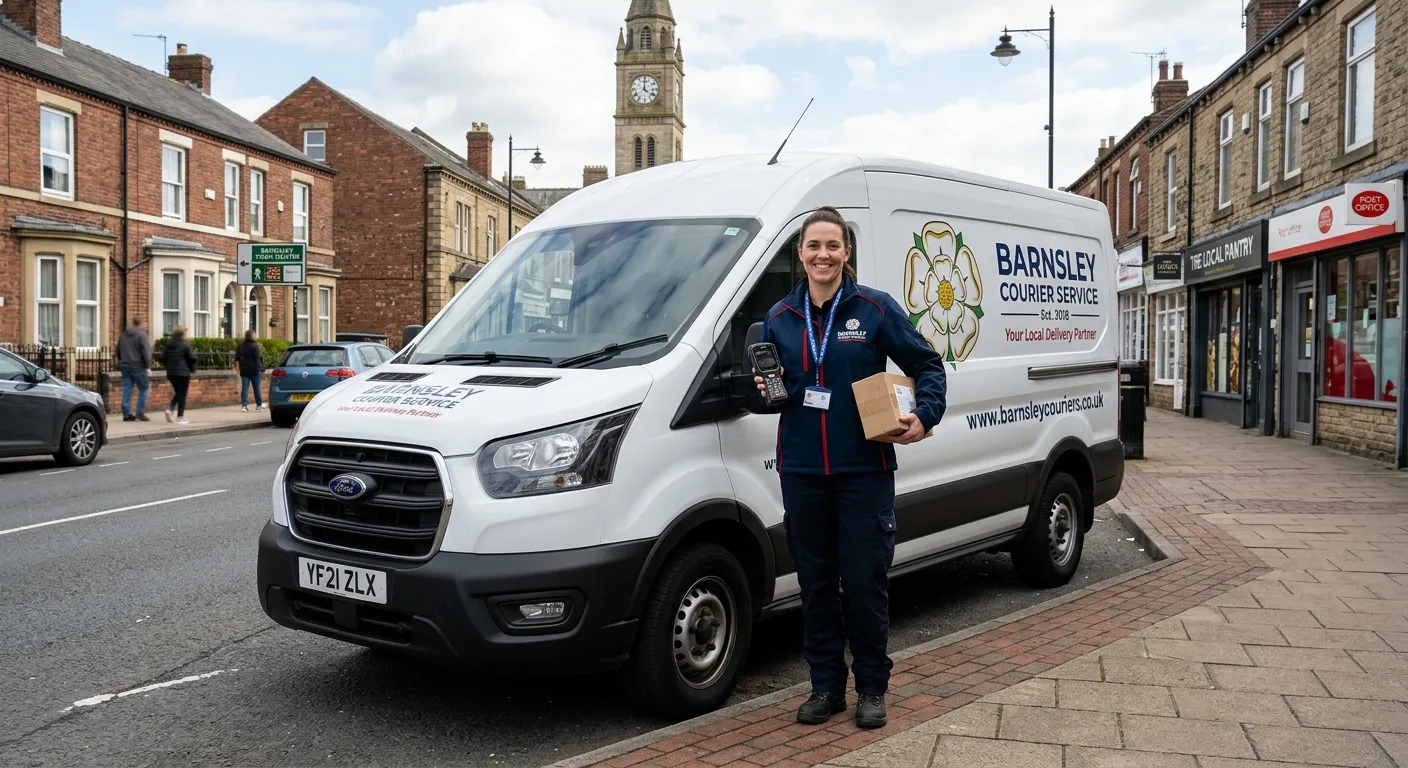 A professional, high-quality photograph of a uniformed Delivery Driver in Barnsley, smiling confiden... A professional, high-quality photograph of a uniformed Delivery Driver in Barnsley, smiling confidently next to a clean, modern van. The scene is set on a typical Barnsley street, conveying reliability and local connection.