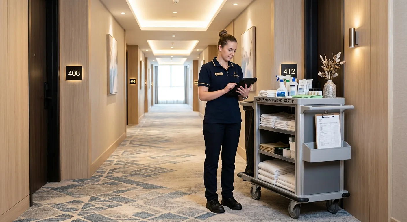 A professional, high-resolution image of a modern, immaculate hotel corridor. A housekeeping cart is... A professional, high-resolution image of a modern, immaculate hotel corridor. A housekeeping cart is parked neatly to the side, and a staff member in crisp uniform is checking a tablet. The mood is efficient, clean, and professional.