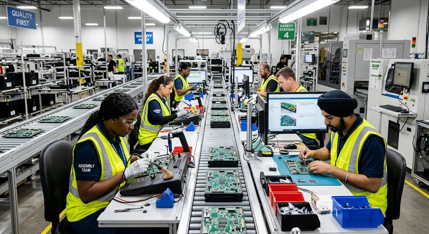 A dynamic, high-energy shot of a modern, brightly-lit assembly line. A diverse team of focused assembly workers in high-visibility vests are assembling complex electronics. The mood is professional, efficient, and high-tech.