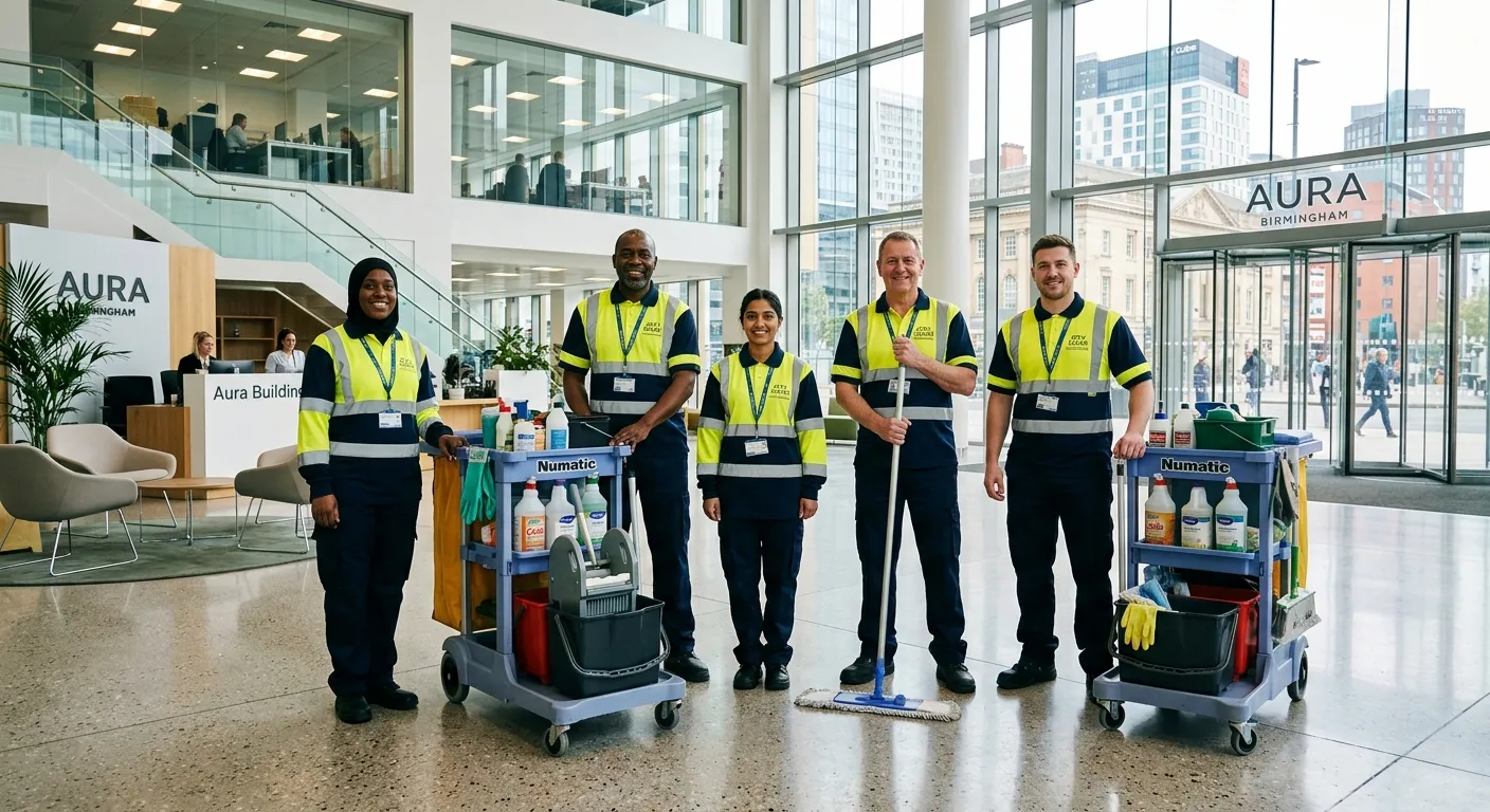 A professional, diverse team of cleaning operatives in high-visibility uniforms, smiling and equippe... A professional, diverse team of cleaning operatives in high-visibility uniforms, smiling and equipped with cleaning trolleys, standing in a bright, modern commercial building lobby in Birmingham. Style: authentic, professional, inviting. Mood: reliable and efficient.