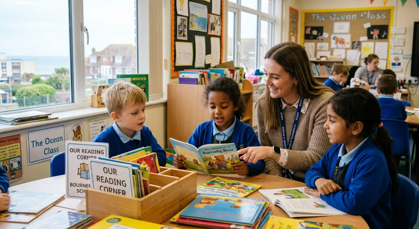 A professional, warm, and engaging photo of a Teaching Assistant in a modern classroom in Bournemout... A professional, warm, and engaging photo of a Teaching Assistant in a modern classroom in Bournemouth, helping a small group of primary school children with a reading activity. The mood is supportive, professional, and local, showing the rewarding nature of the role.