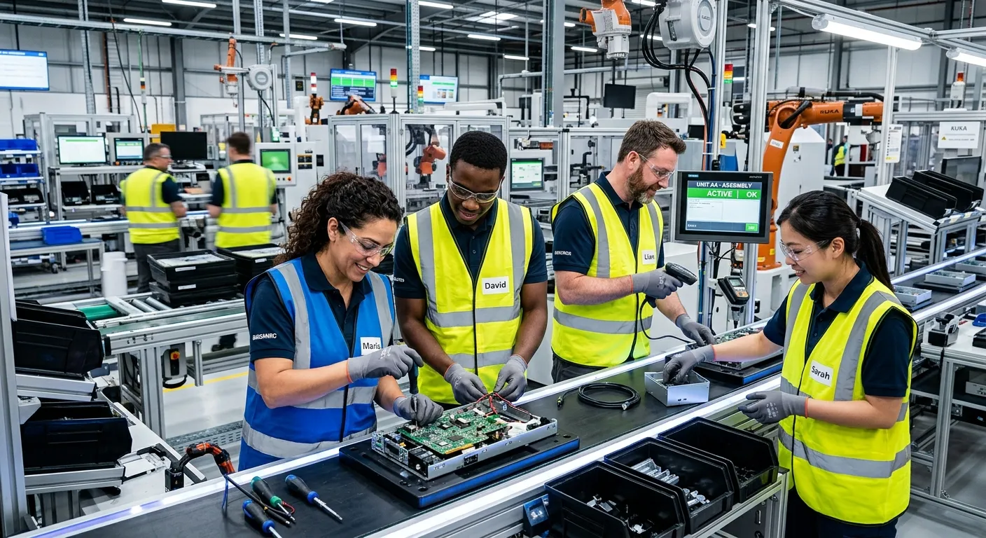 A high-energy shot of a modern, well-lit production line with diverse assembly workers in high-visib... A high-energy shot of a modern, well-lit production line with diverse assembly workers in high-visibility vests, focusing on a collaborative task. Style: Professional, sharp, and dynamic.
