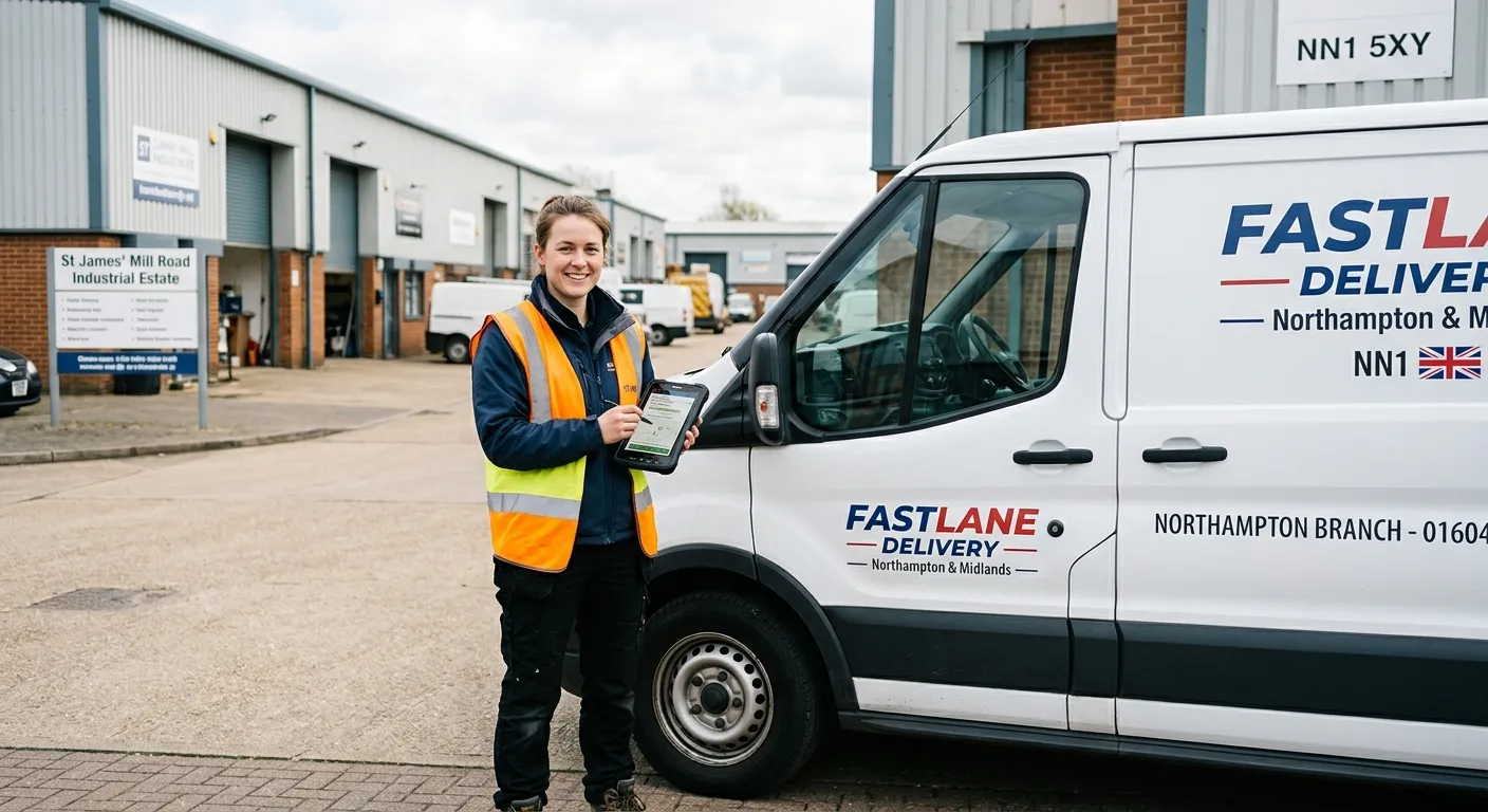A confident, professional Delivery Driver in high-visibility clothing, smiling and holding a digital... A confident, professional Delivery Driver in high-visibility clothing, smiling and holding a digital device, standing by a clean, modern van in a Northampton NN1 industrial park. Style: Authentic, professional, local feel.
