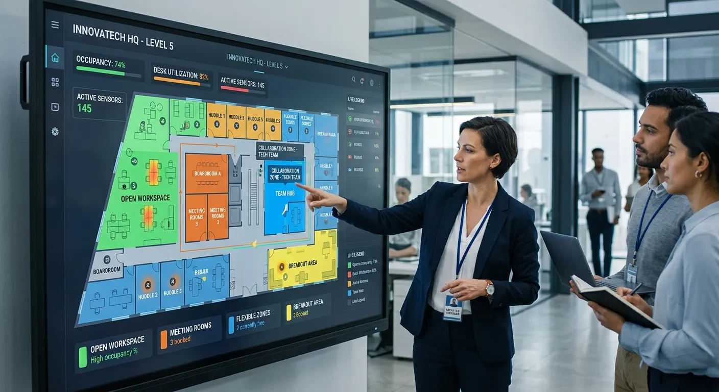 A modern, dynamic office floor plan visualized on a large digital touchscreen, with a facilities man... A modern, dynamic office floor plan visualized on a large digital touchscreen, with a facilities manager pointing to different zones. Style: professional, high-tech, with a focus on data visualization and strategic planning. Mood: innovative, efficient, and forward-thinking.