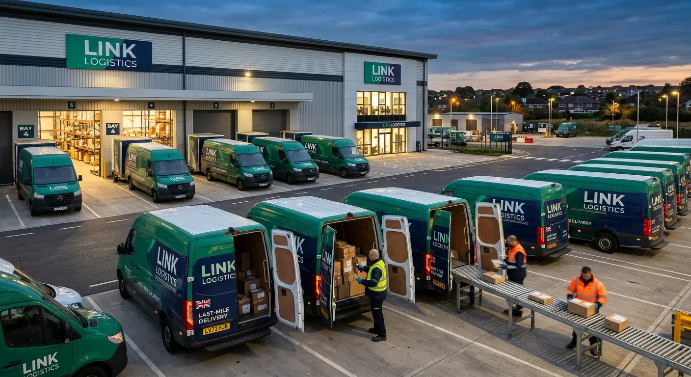 Modern UK last-mile delivery hub at dusk, emerald and navy branding, vans loading parcels, workers s... Modern UK last-mile delivery hub at dusk, emerald and navy branding, vans loading parcels, workers scanning labels, clean corporate logistics photography