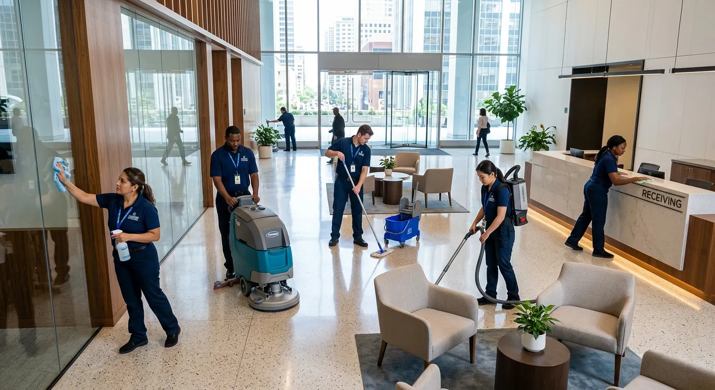 Modern, high-angle shot of a professional, diverse cleaning team in crisp uniforms efficiently cleaning a bright, spacious corporate office lobby. Style: Professional, bright, and dynamic. Mood: Efficient, trustworthy, and scalable.