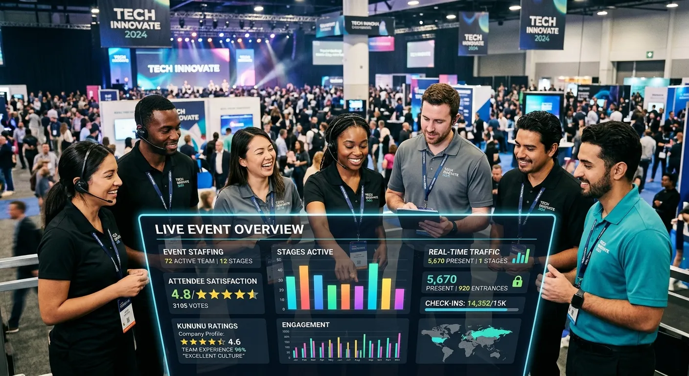 A dynamic, professional hero image showing a diverse event team at a large conference or festival, with a modern tech dashboard overlay displaying data analytics, Kununu ratings, and staffing metrics. Style: Modern corporate, high-energy. Mood: Confident, tech-driven, and efficient.