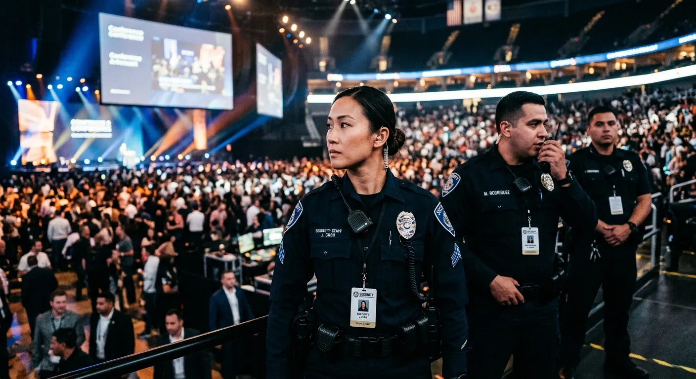 A high-contrast, professional photo of a team of uniformed event security personnel monitoring a lar... A high-contrast, professional photo of a team of uniformed event security personnel monitoring a large, upscale conference or concert. The mood is vigilant, professional, and authoritative, with sharp focus on their communication earpieces and badges.