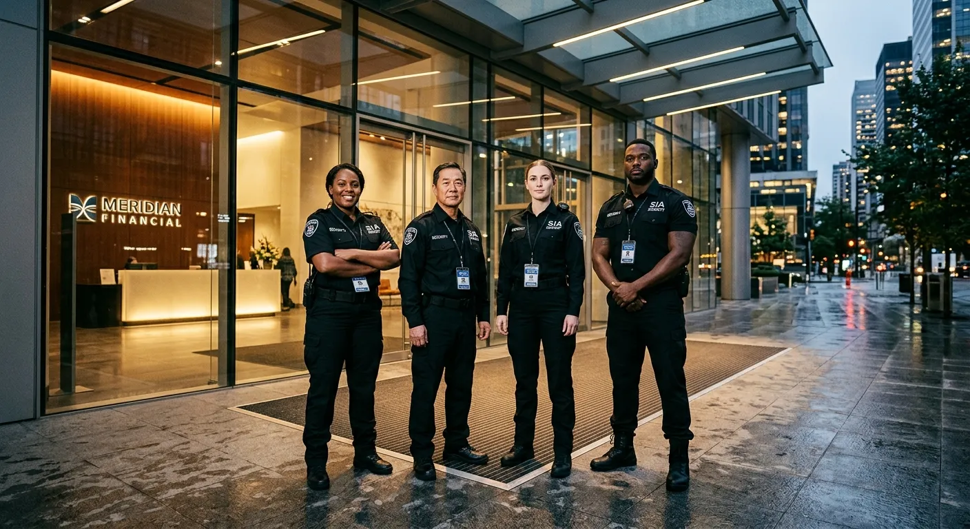 A professional, high-contrast image of a diverse team of SIA-licensed security personnel in uniform, standing confidently at the entrance of a modern corporate building. Style: Professional, authoritative, reassuring. Mood: Secure, vigilant, and trustworthy.