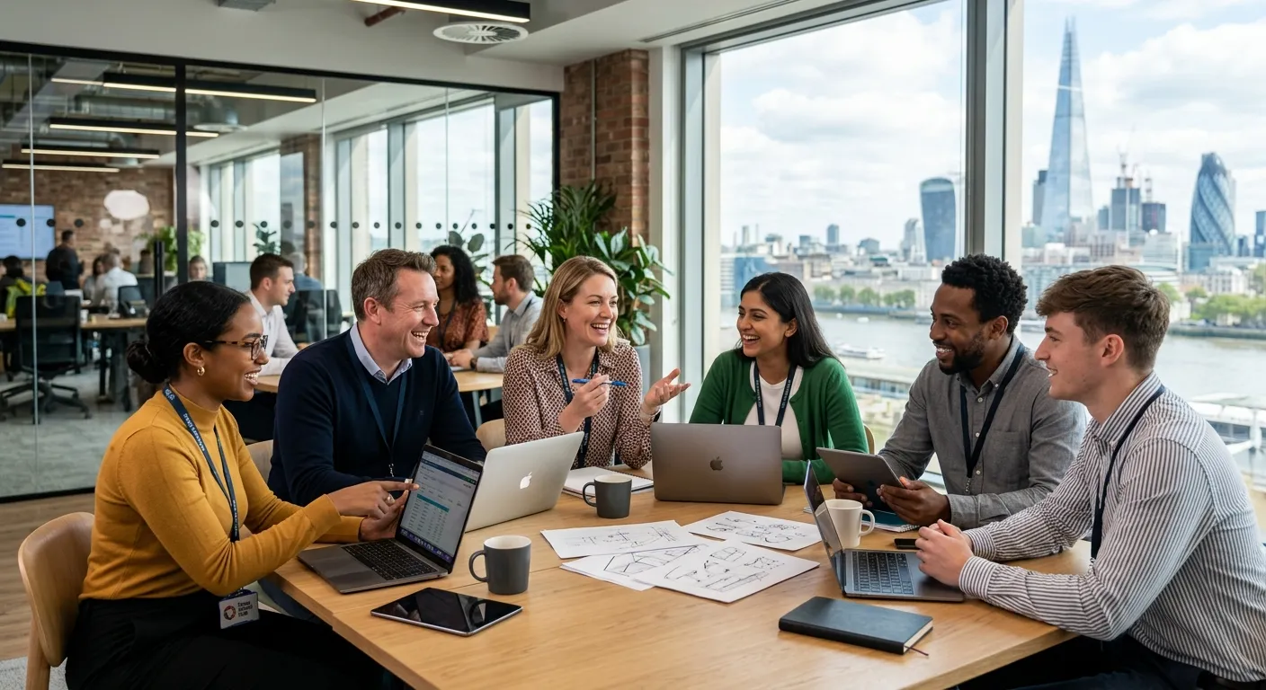 Professional hero image of a diverse group of temporary workers in a modern London office setting, s... Professional hero image of a diverse group of temporary workers in a modern London office setting, smiling and collaborating. Style is bright, dynamic, and professional, with iconic London architecture (like The Shard) subtly visible through a window.